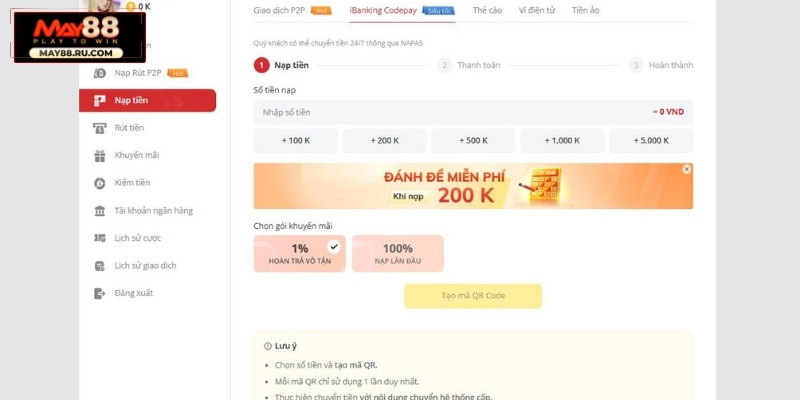 Nạp tiền May88 qua iBanking Codepay (Khuyên dùng)
