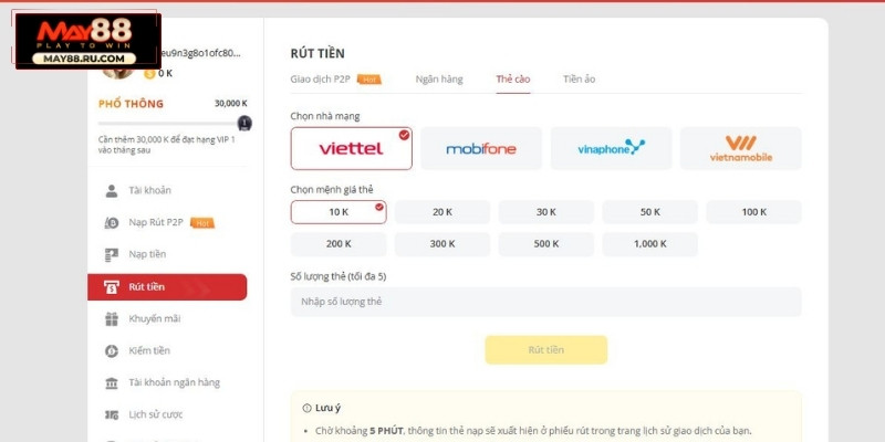 Rút tiền qua Thẻ cào