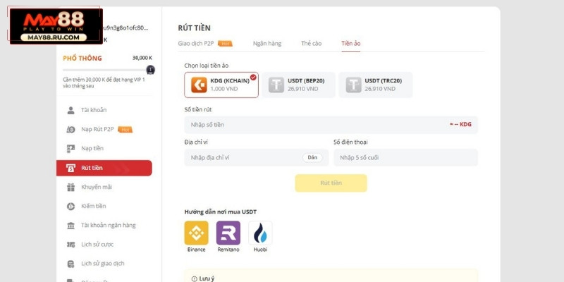Rút tiền qua Tiền ảo